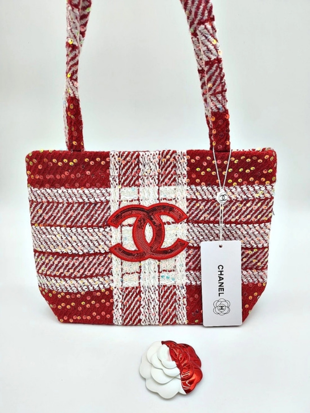 CHANEL Vintage Beauté Tweed Sequin Tote + Red White Camellia VIP NOS NWT